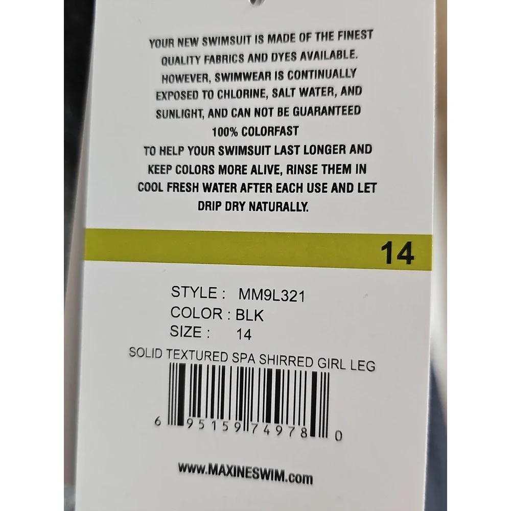 Maxine Of Hollywood Textured Spa Shirred Swimsuit, Girl Leg, Black, Size 14, New